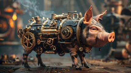 Wall Mural -  Pig in steampunk style