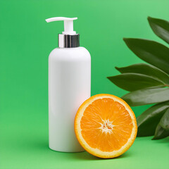 Wall Mural - Creative fashion concept image of cosmetics makeup beauty products lotion cream bottle with fruits and leaves with swatches smears oranges..