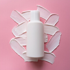 Wall Mural - Creative fashion concept image of cosmetics makeup beauty products lotion cream bottle with swatches smears.