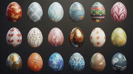 Canvas Print -   A group of colorful eggs arranged neatly on a dark tabletop