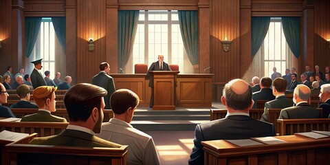 convicted man courtroom courthouse judge juror lawyer prosecutor wooden furniture