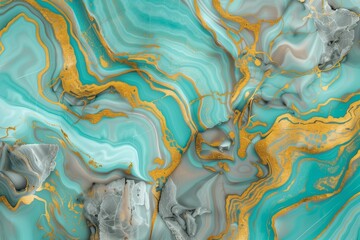 Wall Mural - : An eye-catching 3D abstract marble  with a dominant turquoise background, featuring dynamic swirls of gold and gray