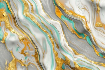 Wall Mural - : A beautiful 3D abstract marble  showcasing fluid waves of gold and white, with streaks of turquoise creating a harmonious blend.