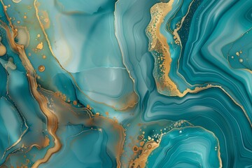 Wall Mural - : A breathtaking 3D abstract marble  in turquoise and gold, with fluid patterns reminiscent of watercolor geode paintings. 