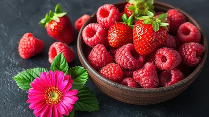   A bowl of red raspberries sits beside a pink blossom and a green foliage on a dark background