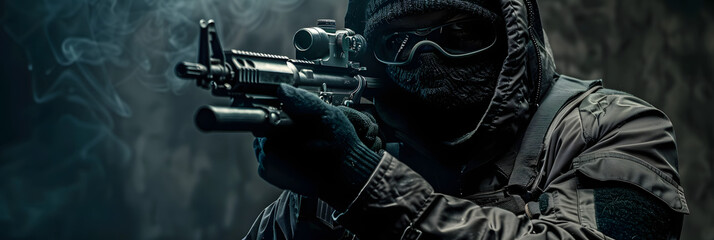 Wall Mural - A man wearing a dark mask and jacket is standing while holding a firearm