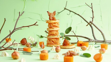 Poster -   A table with a food pile next to orange piles and tree branches