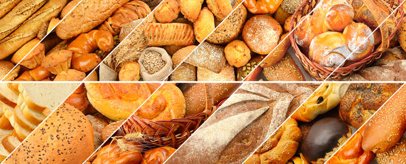 Wall Mural - Panoramic set of fresh bread products.
