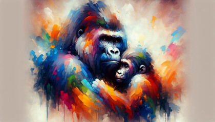 Wall Mural - Abstract Colorful image of a Gorilla and holding her infant jungle wild animals