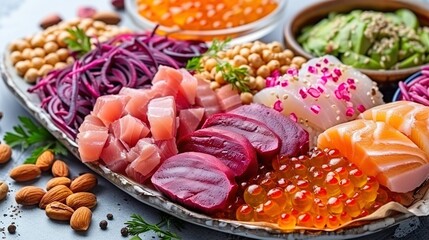 Poster -   A platter brimming with an array of various meats and vegetables atop a table