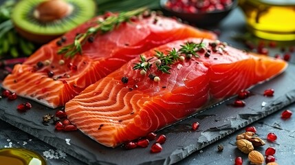 Sticker -   Two raw salmons rest beside a bowl of olives and an avocado on a cutting board