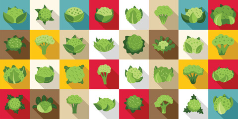 Sticker - Cauliflower flat vector icons. A colorful image of various types of green vegetables, including broccoli, cauliflower, and cabbage. The image is a collage of different colored squares