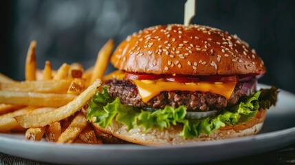 Juicy burger and French fries on white plate. Hamburger or cheeseburger and potato chips on black background