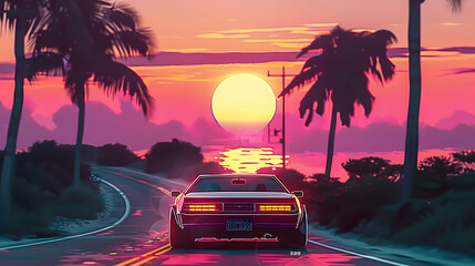 summer vibes 80s style illustration with car driving into sunset 