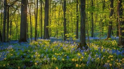 Sticker -   Sunlight filters through trees and blossoms in a bluebell-filled forest meadow