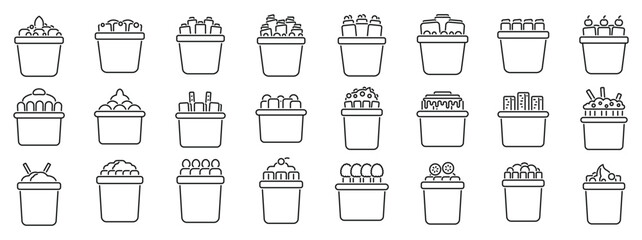 Poster - Stir fried ice cream outline vector icons. A series of white boxes with various items inside. The boxes are arranged in a grid pattern. Scene is that of a grocery store or a market