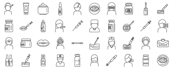 Poster - Botox outline vector icons. A collection of medical icons including a syringe, a bottle, a person with a bandage, and a person with a stethoscope