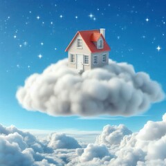 Little house on a cloud isolated on blue bright sky background