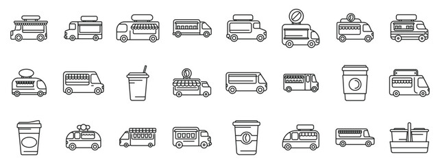 Poster - coffee truck cafe outline vector icons. a collection of food trucks and vehicles. the vehicles inclu