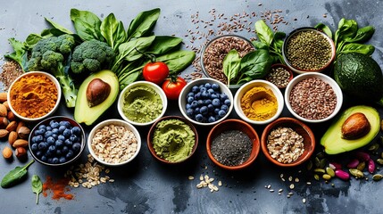 Poster -   A topped-bowl table filled with fruits, veggies, nuts, avocado