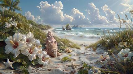 Wall Mural -   Sandy beach painting with vibrant flowers, shells, & distant rock & water