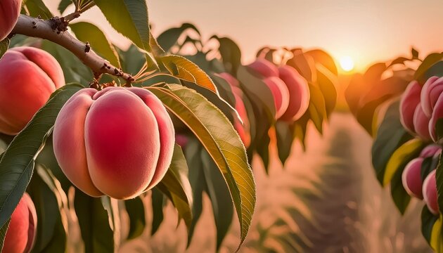 ripe peaches on tree branch at sunset