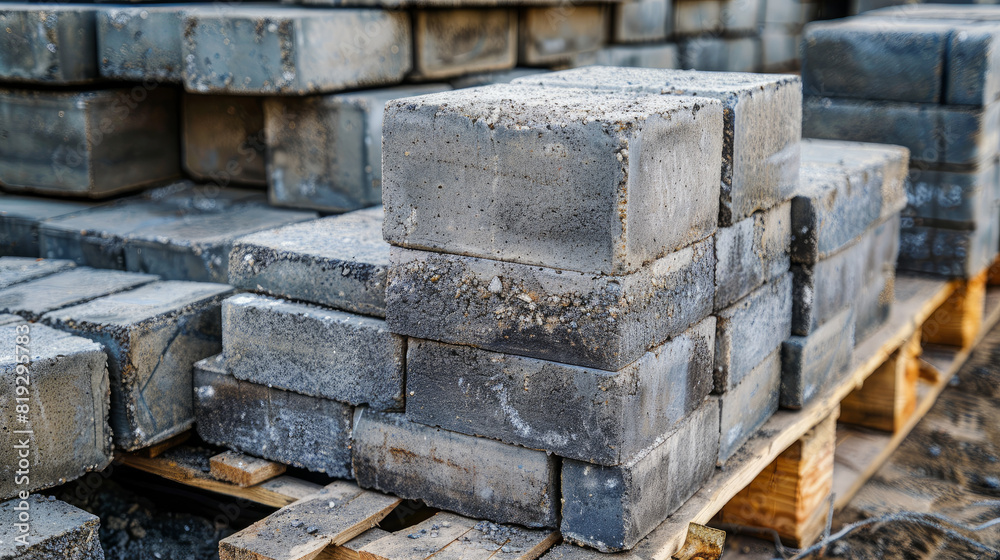 Grey concrete blocks, shaped like bricks, arranged on a pallet. These ...