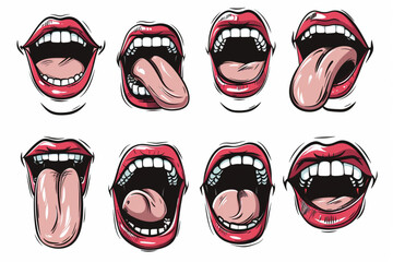 Wall Mural - Cartoon mouth set. Hand drawn doodle mouth, tongue caricature emoji icon. Funny comic doodle
