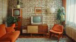 © Dumrongkait - A living room with a television, a plant, and two orange chairs