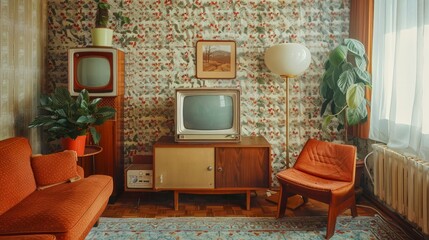 Wall Mural - A living room with a television, a plant, and two orange chairs