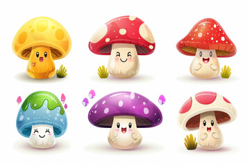 Different cute mushroom cartoon character with happy cheerful emotion isolated set on white set vector icon, white background, black colour icon