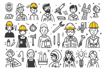 Wall Mural - Engineering jobs or profession doodle hand drawn set collections with outline black  set vector icon, white background, black colour icon