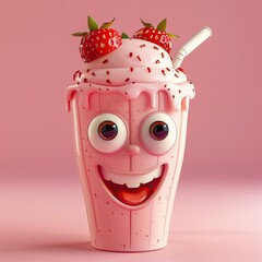 Sticker - Cute Cartoon Strawberry Shake Food Character with Big Eyes