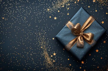 Sticker - Gift Box on Blue Background With Gold Stars
