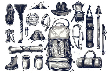 Wall Mural - Hiking and backpacking equipment collection. Set of elements for your design . Camping doodles. Vector illustration. set vector icon, white background, black colour icon