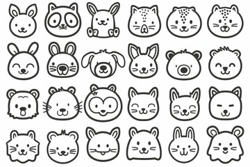 Wall Mural - Set of cute animals isolated on white background set vector icon, white background, black colour icon