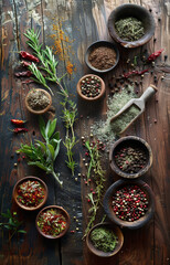 Wall Mural - herbs and spices on a wooden board