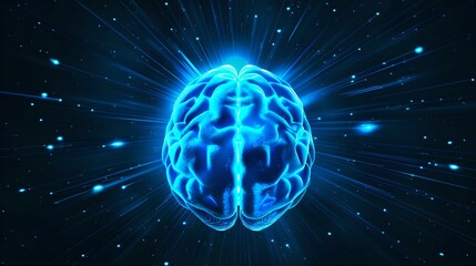 Aufkleber - Futuristic blue brain illustration with glowing connections. Digital mind concept, technology background. Science and AI theme. Neural network visualization.AI