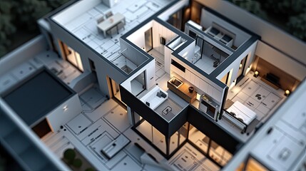 An architectural model showing the construction plan and all the details of a modern house. A close-up shot captures all the fine details.