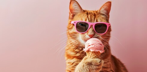 Cat Wearing Sunglasses Eating Ice Cream Cone