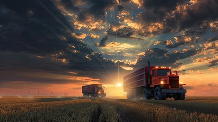 A red tractor and a truck are driving towards each other in a field at sunset. In front of them stands a modern cargo trailer with its headlights on. Dark clouds are depicted in the background.