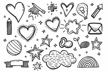 Wall Mural - Set of cute pen line doodle element vector. Hand drawn doodle  collection of heart, arrows, scribble, speech bubble, chat, star, marks. Design for print, cartoon, card, decoration, sticker. set v