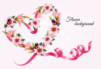 Wall Mural - Flower holiday background with colorful flowers shaped heart and butterflies. Vector.