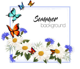 Aufkleber - Summer flower nature background with white daisy and blue cornflowers and butterflies. Vector.
