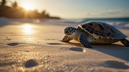 Wall Mural - little sea turtle on white sand beach with sunshine
