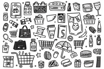 Wall Mural - Shopping retail sale and discount doodle set isolated vector illustration isolated on white background set vector icon, white background, black colour icon