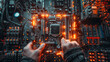 © Людмила Мазур - A person is holding a computer chip in their hand, surrounded by a glowing, neon environment. Concept of technology and innovation