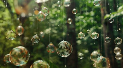 Wall Mural -   A cluster of floating orbs dangling from a twine in front of verdant foliage