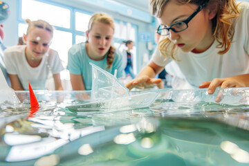 Poster - Inquisitive minds experimenting with the principles of buoyancy and fluid dynamics by building and testing boats in a tub of water. Concept of maritime engineering and physics. Generative Ai.