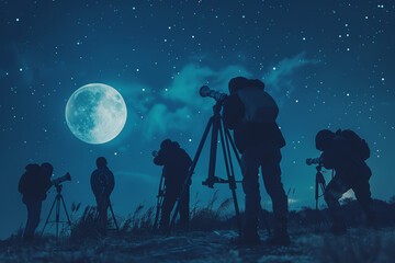 Poster - Motivated young astronomers setting up telescopes to observe the phases of the moon and track the movement of celestial bodies across the night sky.  Generative Ai.